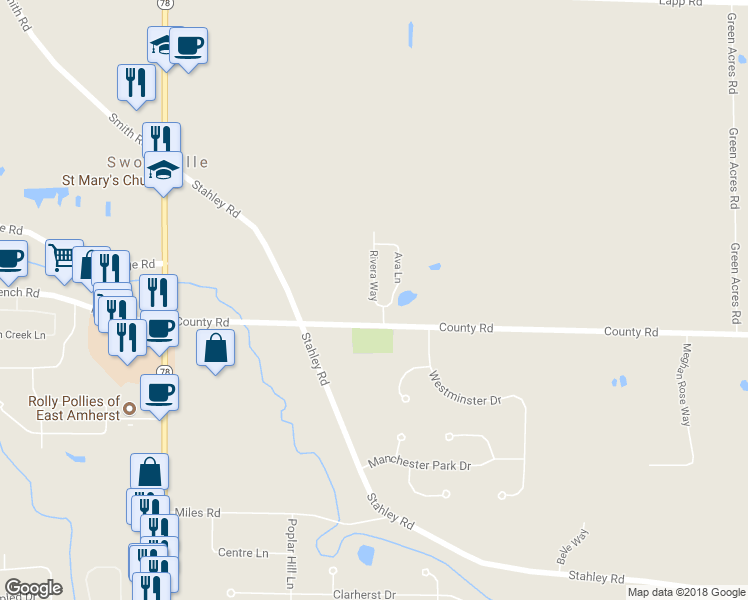 map of restaurants, bars, coffee shops, grocery stores, and more near Rivera Way in East Amherst