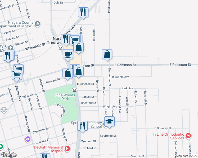 map of restaurants, bars, coffee shops, grocery stores, and more near 400 Spruce Street in North Tonawanda