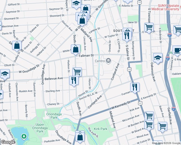 map of restaurants, bars, coffee shops, grocery stores, and more near 112 Bellevue Avenue in Syracuse