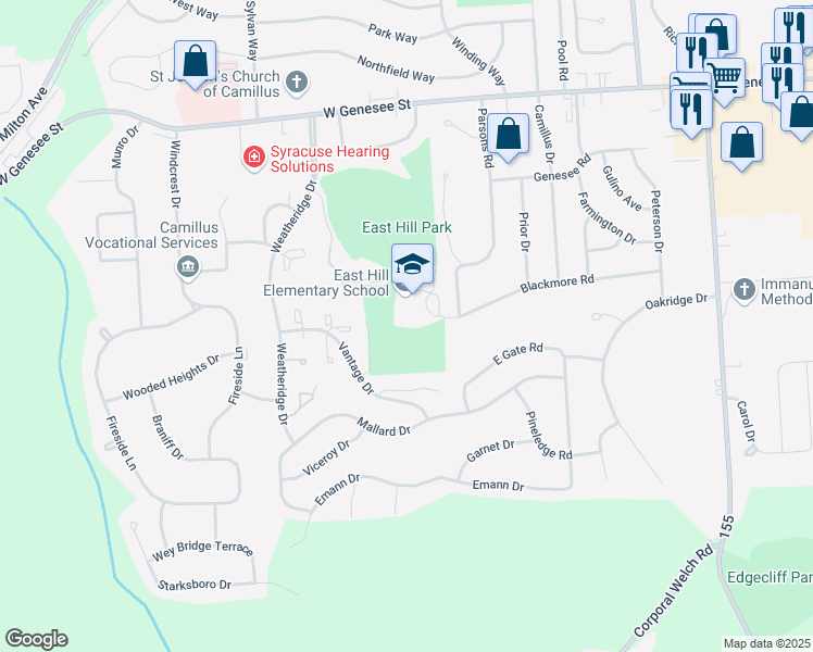 map of restaurants, bars, coffee shops, grocery stores, and more near 401 Blackmore Road in Camillus
