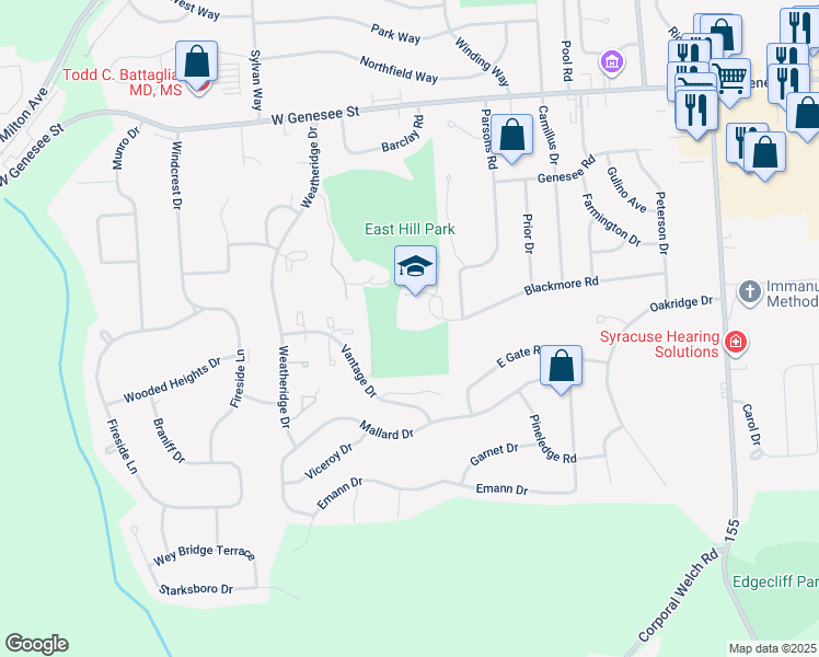 map of restaurants, bars, coffee shops, grocery stores, and more near 401 Blackmore Road in Camillus