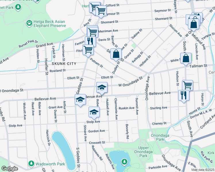 map of restaurants, bars, coffee shops, grocery stores, and more near 1117 West Onondaga Street in Syracuse