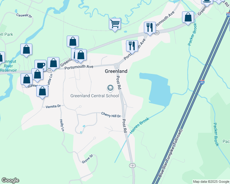 map of restaurants, bars, coffee shops, grocery stores, and more near 70 Post Road in Greenland