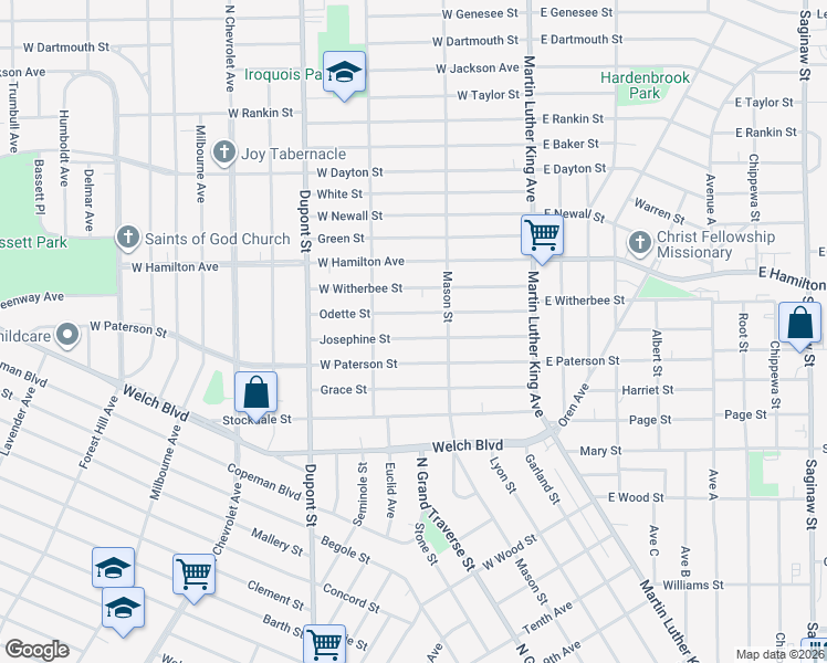map of restaurants, bars, coffee shops, grocery stores, and more near 330 Josephine Street in Flint