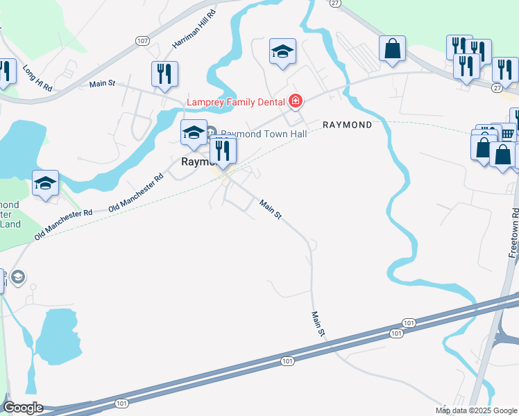 map of restaurants, bars, coffee shops, grocery stores, and more near 95 Main Street in Raymond