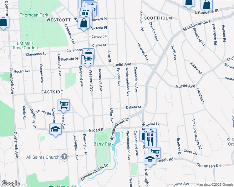 map of restaurants, bars, coffee shops, grocery stores, and more near 205 Miles Avenue in Syracuse