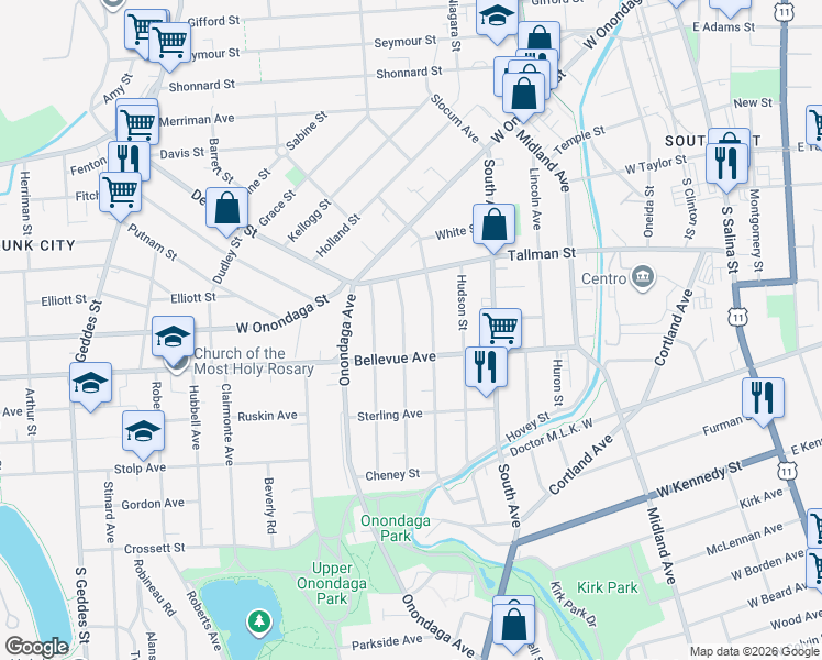 map of restaurants, bars, coffee shops, grocery stores, and more near in Syracuse