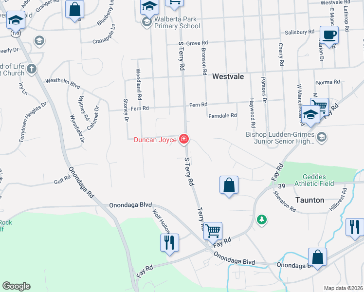 map of restaurants, bars, coffee shops, grocery stores, and more near 652 South Terry Road in Syracuse