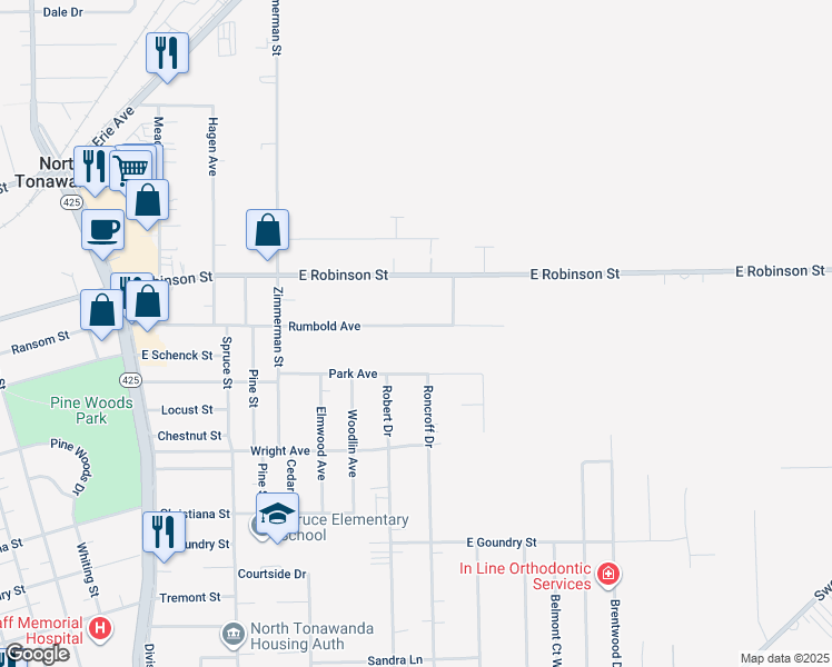 map of restaurants, bars, coffee shops, grocery stores, and more near 790 Park Avenue in North Tonawanda