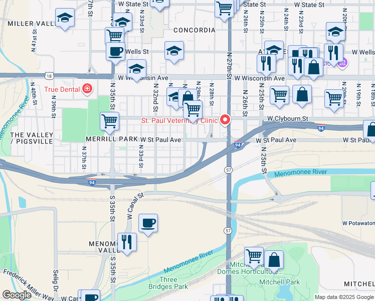 map of restaurants, bars, coffee shops, grocery stores, and more near 2917A West Mount Vernon Avenue in Milwaukee