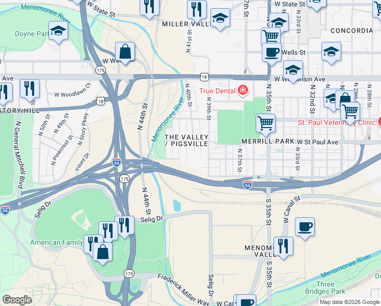 map of restaurants, bars, coffee shops, grocery stores, and more near 219 North 40th Street in Milwaukee