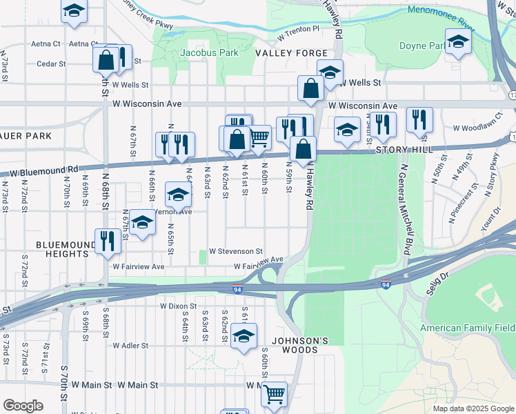 map of restaurants, bars, coffee shops, grocery stores, and more near 210 North 61st Street in Milwaukee