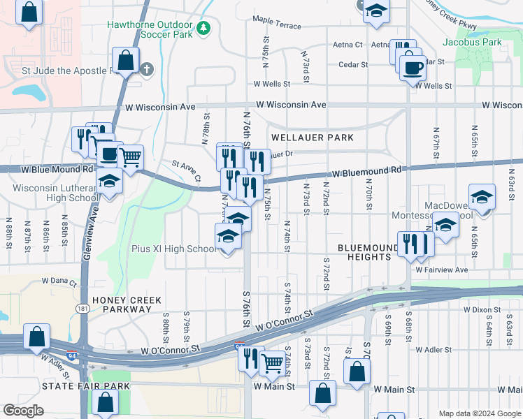 map of restaurants, bars, coffee shops, grocery stores, and more near 213 North 75th Street in Milwaukee