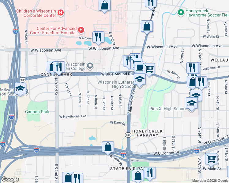 map of restaurants, bars, coffee shops, grocery stores, and more near 185 North 86th Street in Wauwatosa