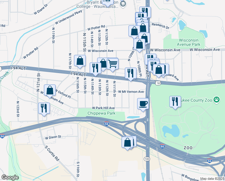 map of restaurants, bars, coffee shops, grocery stores, and more near 250 North 111th Street in Wauwatosa