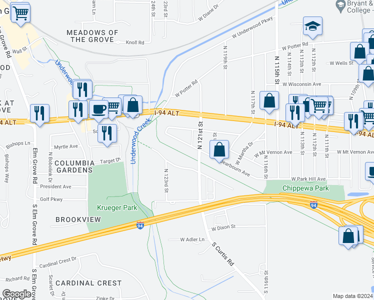 map of restaurants, bars, coffee shops, grocery stores, and more near 255 North 121st Street in Wauwatosa