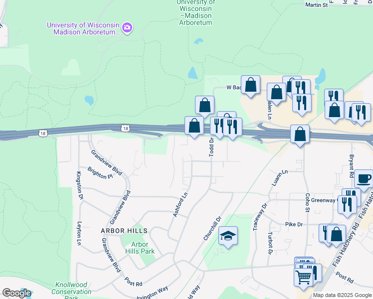 map of restaurants, bars, coffee shops, grocery stores, and more near 2898 Ashford Lane in Madison