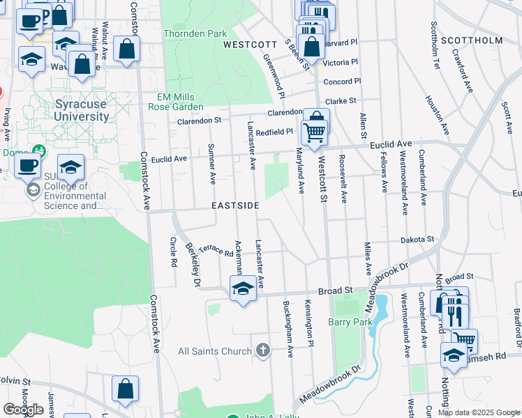 map of restaurants, bars, coffee shops, grocery stores, and more near 909 Lancaster Avenue in Syracuse