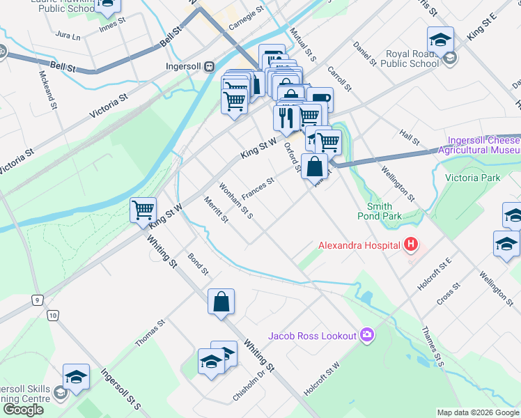 map of restaurants, bars, coffee shops, grocery stores, and more near 218 Albert Street in Ingersoll