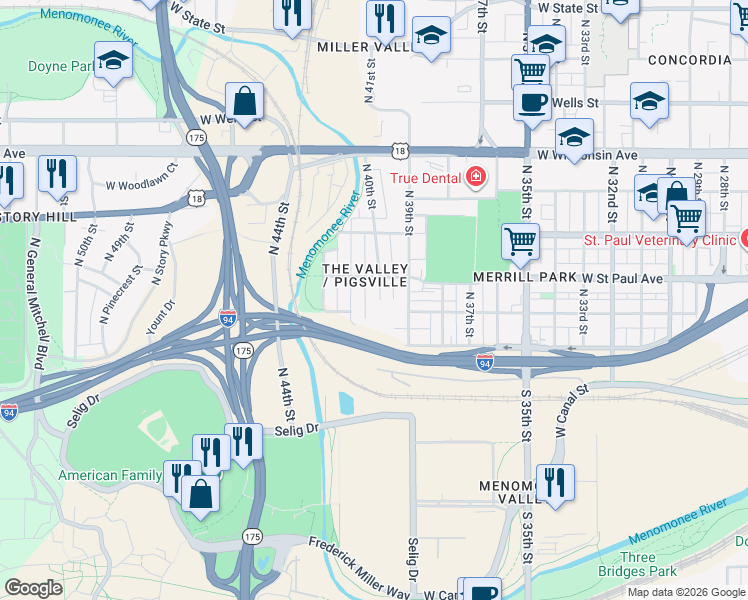 map of restaurants, bars, coffee shops, grocery stores, and more near 219 North 40th Street in Milwaukee