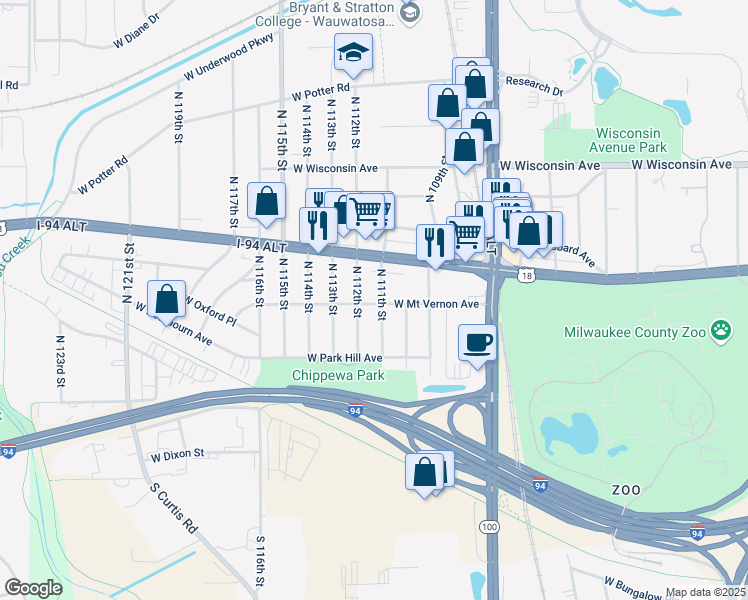 map of restaurants, bars, coffee shops, grocery stores, and more near 250 North 111th Street in Wauwatosa
