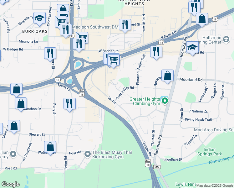 map of restaurants, bars, coffee shops, grocery stores, and more near 212 Deer Valley Road in Madison