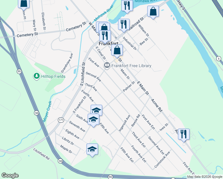 map of restaurants, bars, coffee shops, grocery stores, and more near 236 2nd Avenue in Frankfort