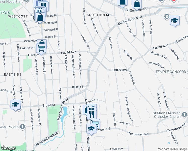 map of restaurants, bars, coffee shops, grocery stores, and more near 716 Crawford Avenue in Syracuse