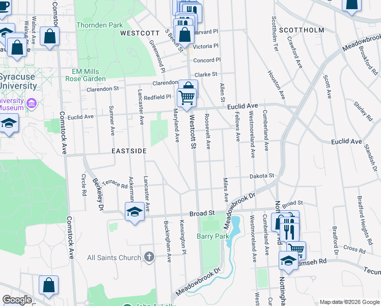 map of restaurants, bars, coffee shops, grocery stores, and more near 944 Westcott Street in Syracuse