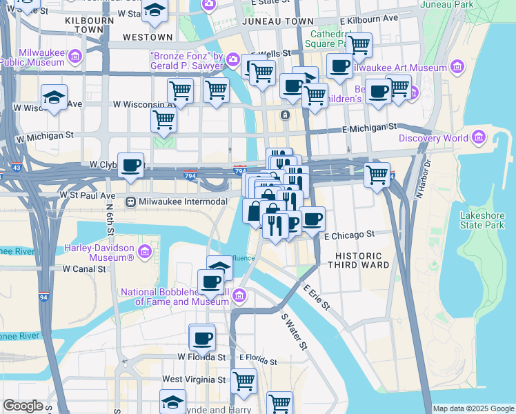 map of restaurants, bars, coffee shops, grocery stores, and more near 220 East Buffalo Street in Milwaukee
