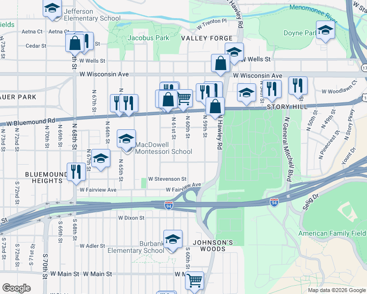 map of restaurants, bars, coffee shops, grocery stores, and more near 210 North 61st Street in Milwaukee