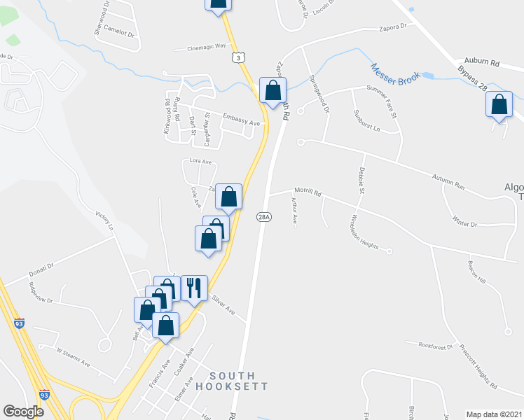 map of restaurants, bars, coffee shops, grocery stores, and more near 128 North Mammoth Road in Hooksett