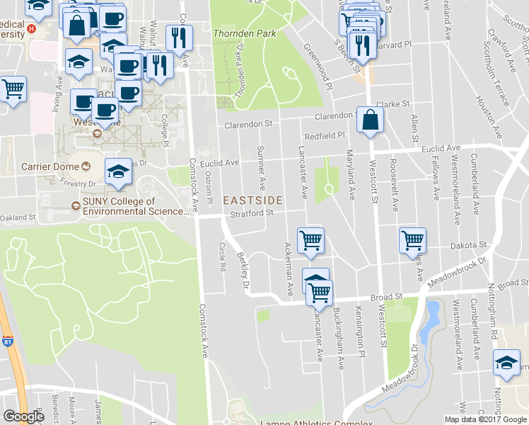 map of restaurants, bars, coffee shops, grocery stores, and more near Stratford St & Sumner Ave in Syracuse
