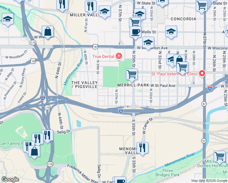 map of restaurants, bars, coffee shops, grocery stores, and more near 234 North 37th Street in Milwaukee