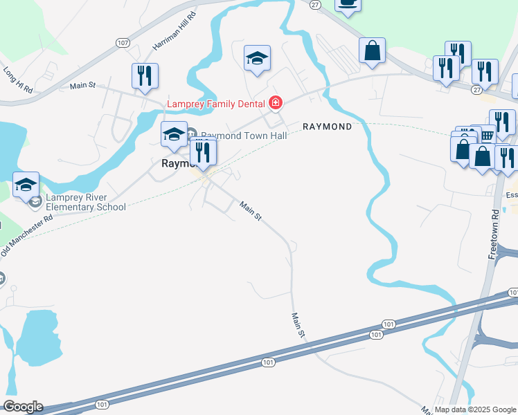 map of restaurants, bars, coffee shops, grocery stores, and more near 95 Main Street in Raymond