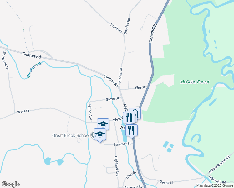 map of restaurants, bars, coffee shops, grocery stores, and more near 100 Main Street in Antrim