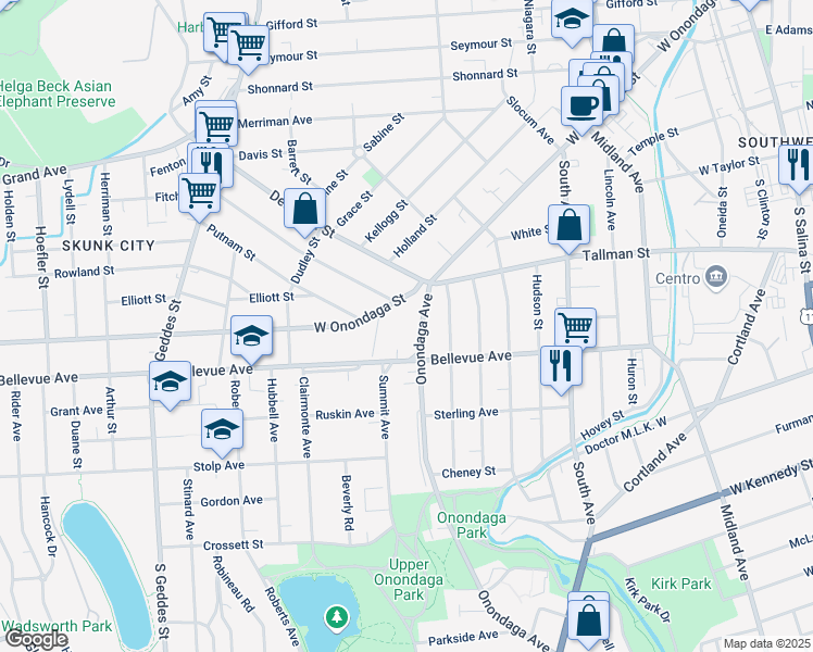 map of restaurants, bars, coffee shops, grocery stores, and more near 806 Bellevue Avenue in Syracuse