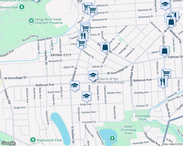 map of restaurants, bars, coffee shops, grocery stores, and more near 1038-40 Bellevue Avenue in Syracuse