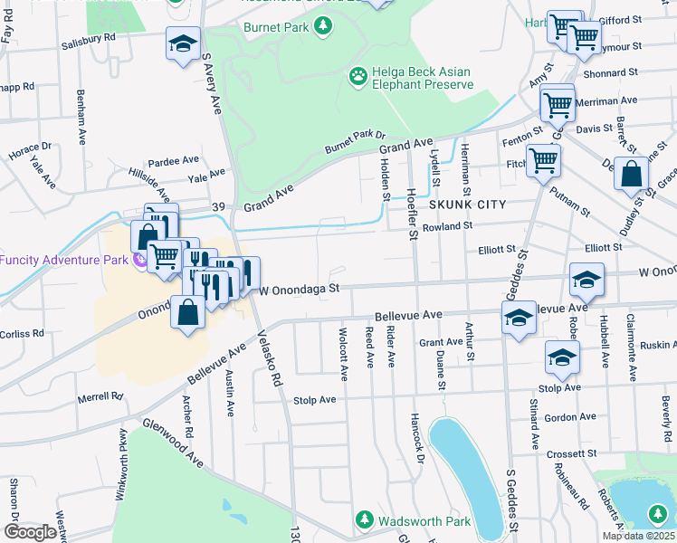map of restaurants, bars, coffee shops, grocery stores, and more near 1715 West Onondaga Street in Syracuse