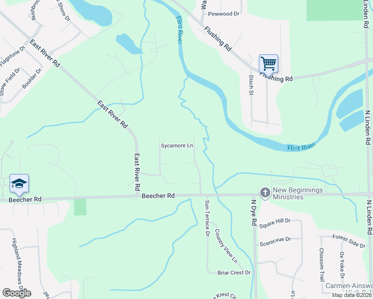map of restaurants, bars, coffee shops, grocery stores, and more near 5404 Misty Creek Court in Flint