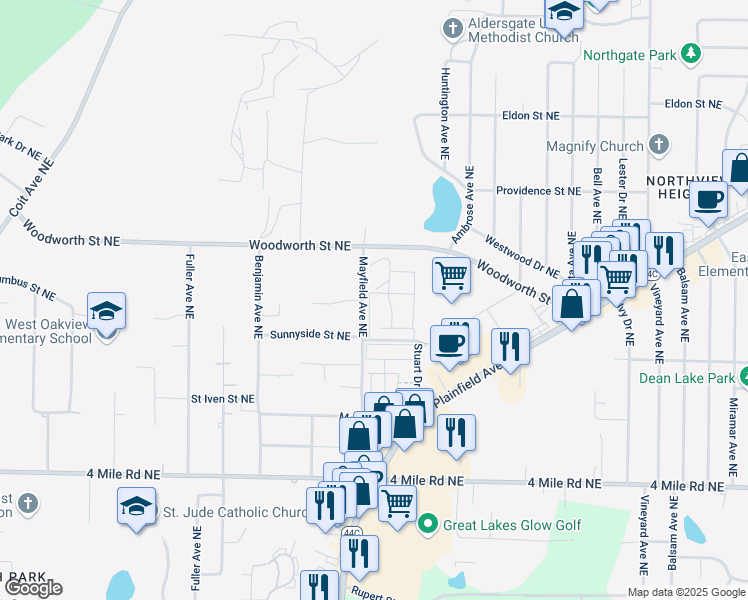 map of restaurants, bars, coffee shops, grocery stores, and more near 3855 Mayfield Avenue Northeast in Grand Rapids