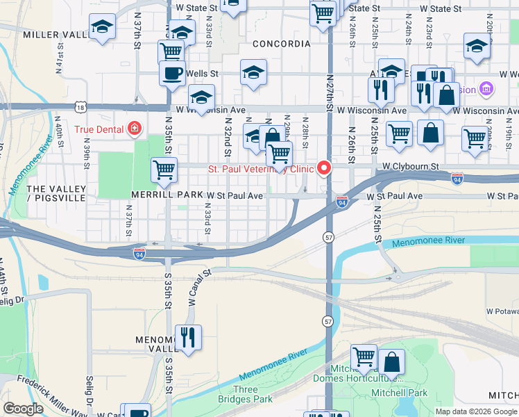 map of restaurants, bars, coffee shops, grocery stores, and more near 3031 West Mount Vernon Avenue in Milwaukee
