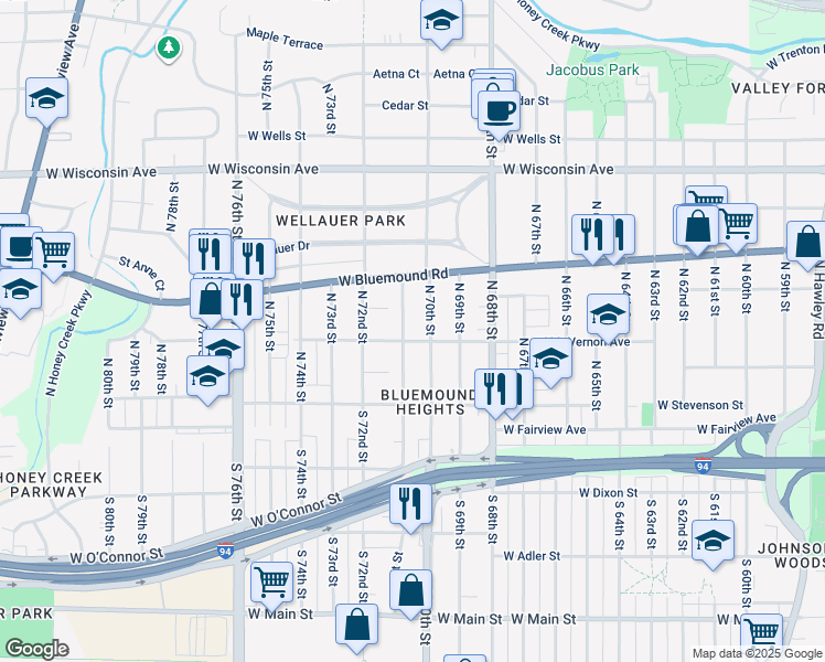 map of restaurants, bars, coffee shops, grocery stores, and more near 218 North 71st Street in Milwaukee
