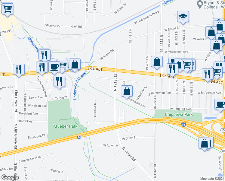 map of restaurants, bars, coffee shops, grocery stores, and more near 255 North 121st Street in Wauwatosa