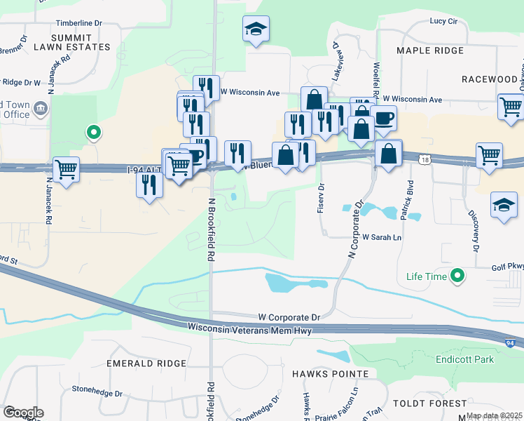 map of restaurants, bars, coffee shops, grocery stores, and more near 18571 Follett Drive in Brookfield