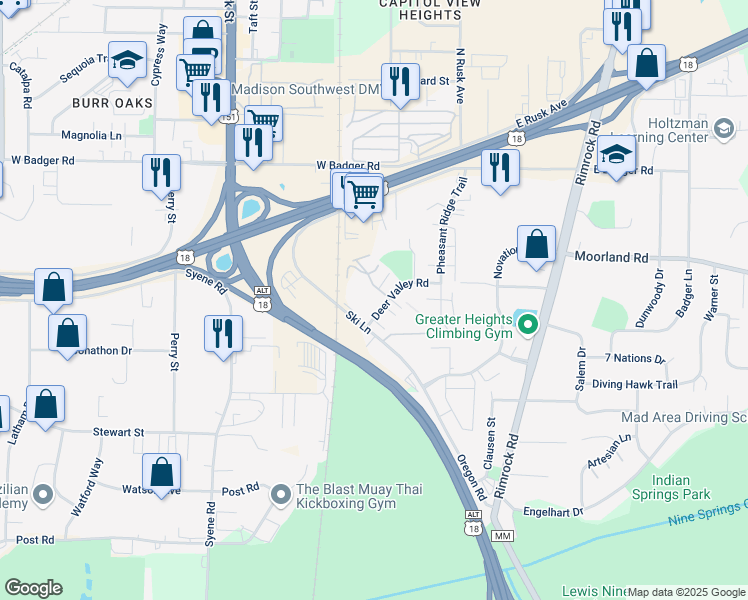 map of restaurants, bars, coffee shops, grocery stores, and more near in Fitchburg