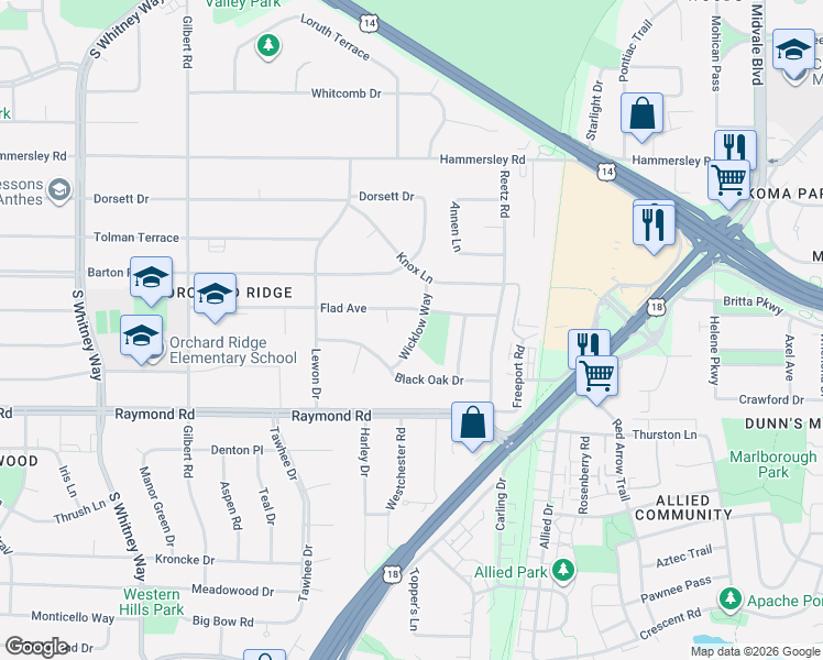map of restaurants, bars, coffee shops, grocery stores, and more near 1717 Wicklow Way in Madison
