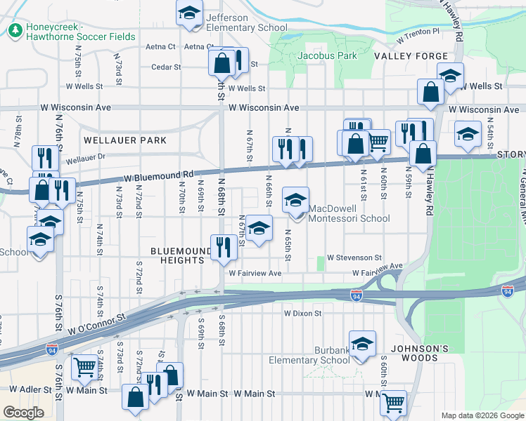 map of restaurants, bars, coffee shops, grocery stores, and more near 217 North 66th Street in Milwaukee