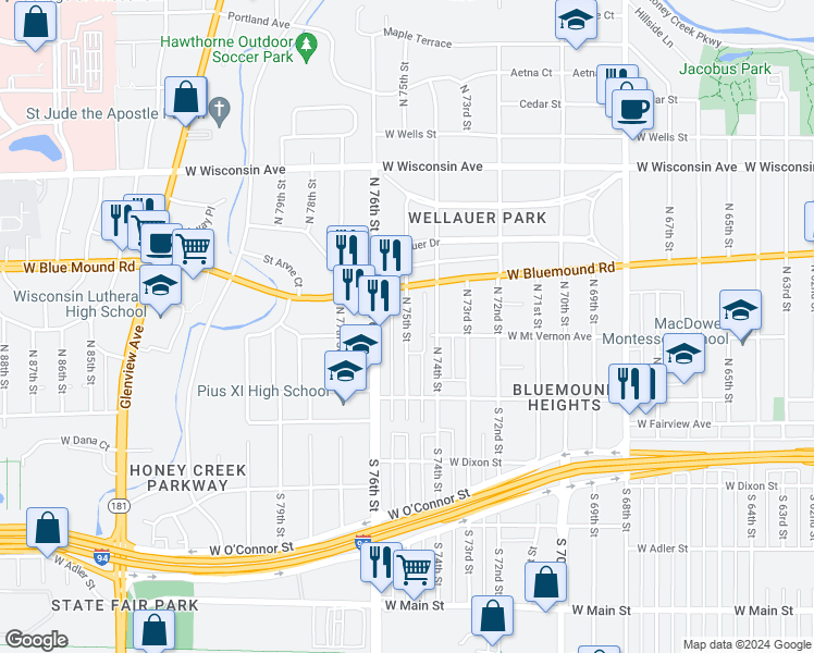 map of restaurants, bars, coffee shops, grocery stores, and more near 308 North 75th Street in Milwaukee