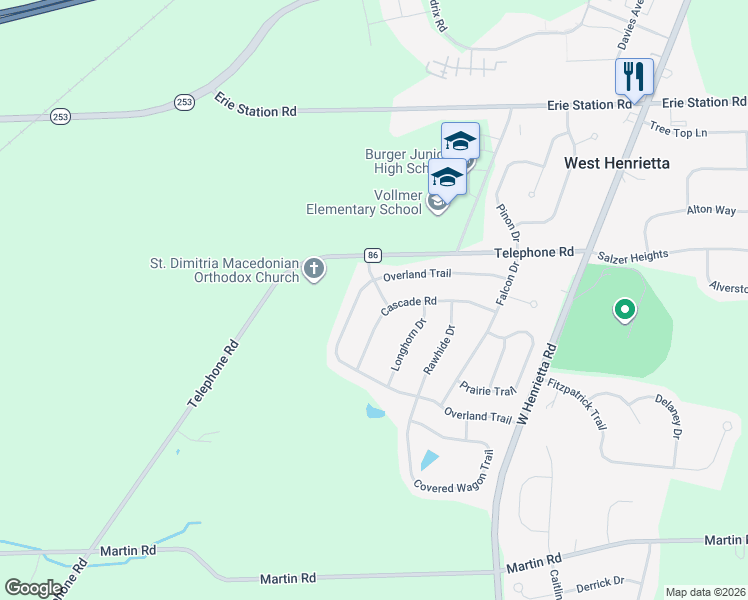 map of restaurants, bars, coffee shops, grocery stores, and more near 63 Cascade Road in West Henrietta